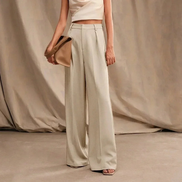 Pants - Apricot Casual Women's Pleated Maillard Straight High-Waist Trousers